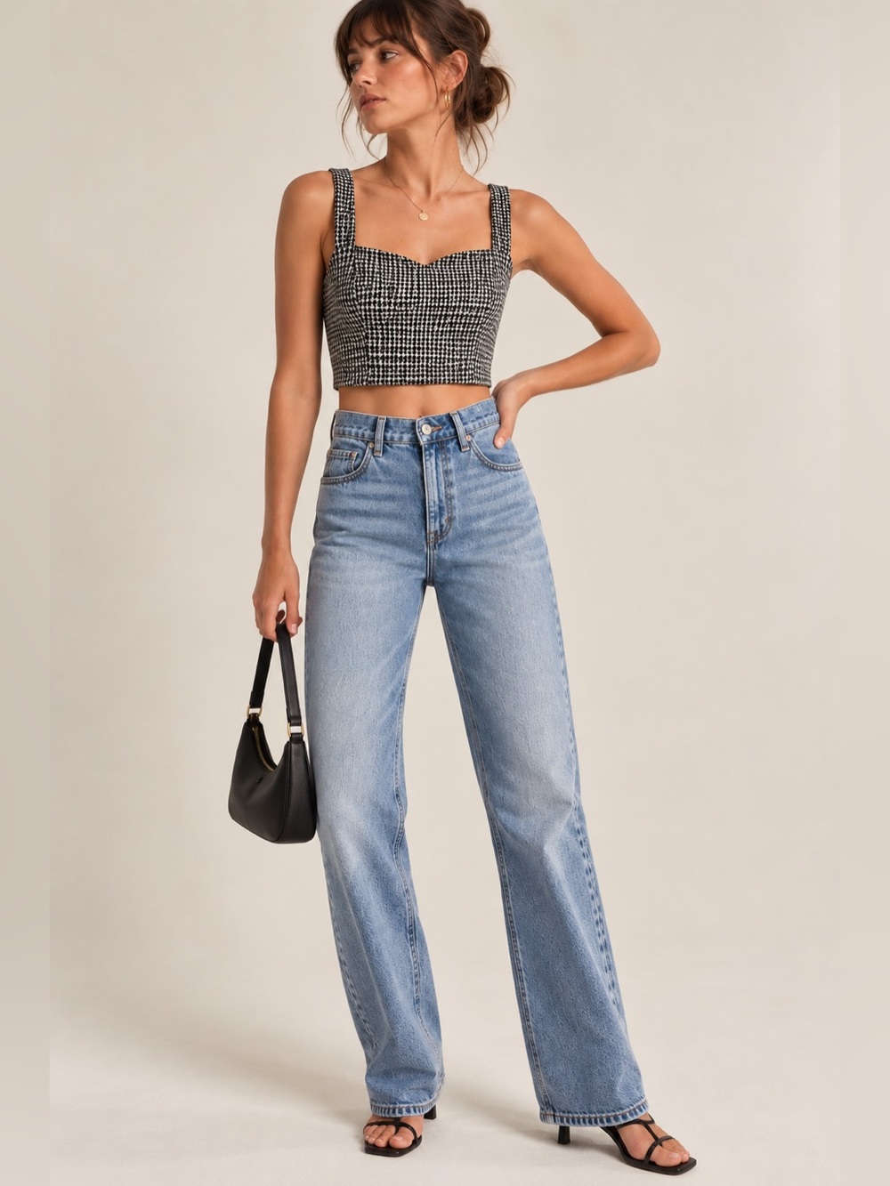 Abercrombie & Fitch Houndstooth Corset Crop Top Bustier Black White M NWT